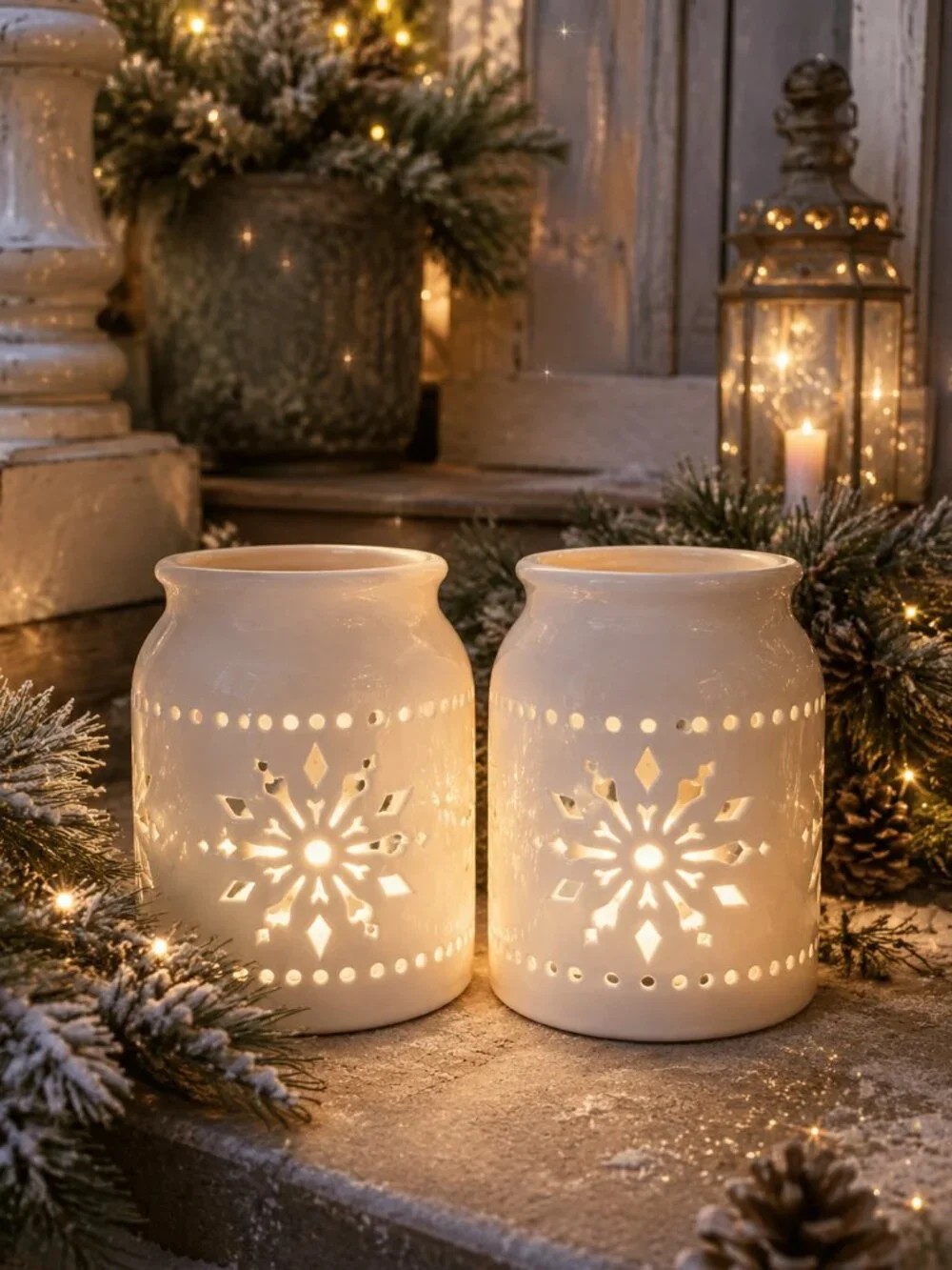 Set of 2 Charming Ivory Snowflake Cutout Luminiary Candleholders